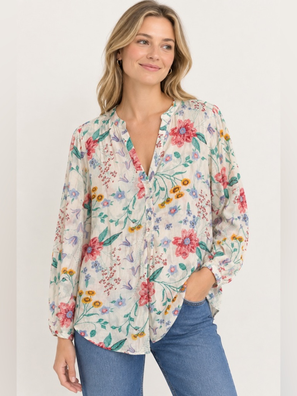Old Navy Cream Floral Button-Front Shirt with Pink & Green Accents